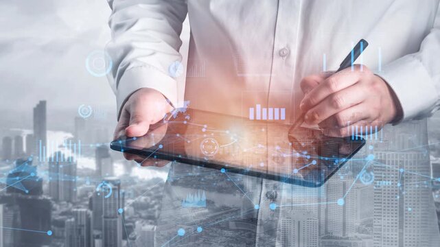 A professional in a lab coat analyzes data on a digital tablet, combining advanced technology with the backdrop of a bustling city skyline. Perfect for research and innovation themes. Xenic