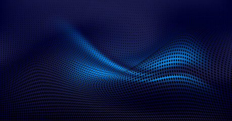 Obraz premium Modern dark blue techno background with elegant curves, dynamic wave of dots and deep gradient for digital design, presentations and innovative projects