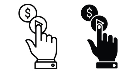 Obraz premium Human hand finger pressing play button next to dollar currency coin for monetization