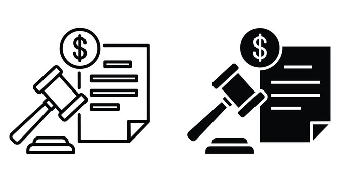 Black and white icons representing legal costs court fees auction and law document services