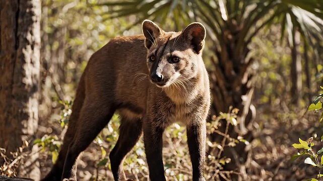 Wild canid walking through sunlit forest frames.