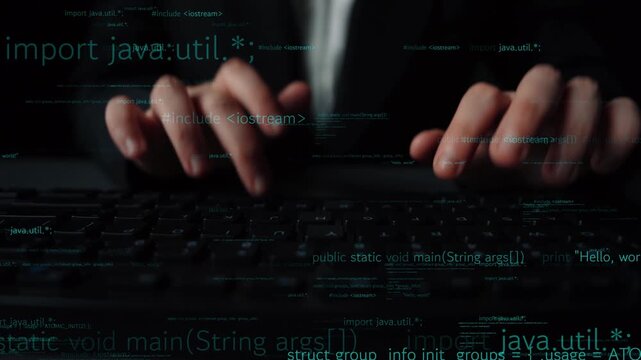 Close-up view of hands typing on a keyboard with floating code snippets in a dark background, illustrating the concepts of programming and technology in a modern workspace. Xenic