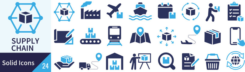 ベクターのサプライチェーンに関するシルエットアイコンセット

