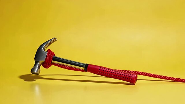 Construction concept Hand pulling claw hammer tied with red rope yellow background