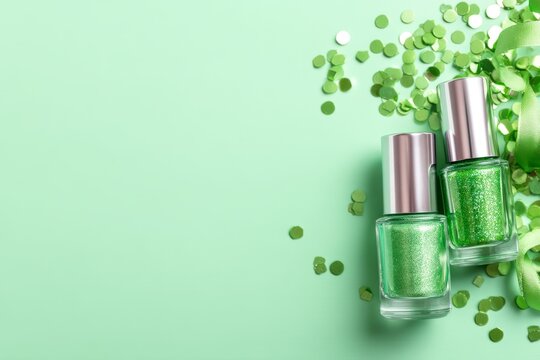 Mint Green Nail Polish Bottles with Pastel Background and Confetti Accents