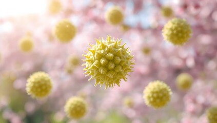 Microscopic view of yellow pollen grains floating in spring air