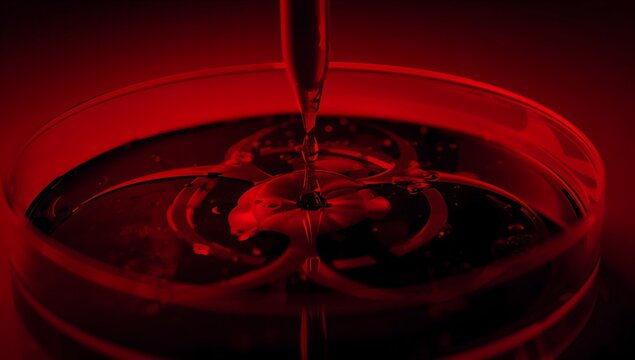 Macro shot of pipette dripping red liquid into a biohazard petri dish
