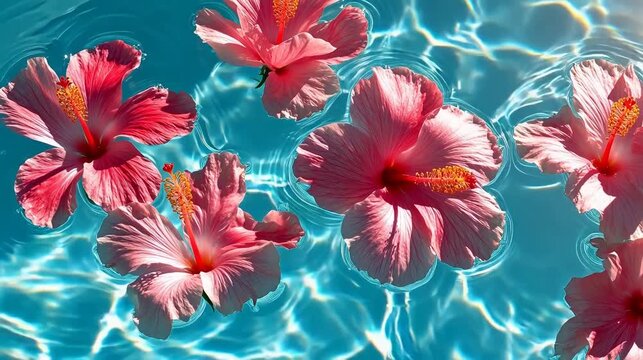 Pink hibiscus flowers floating in water