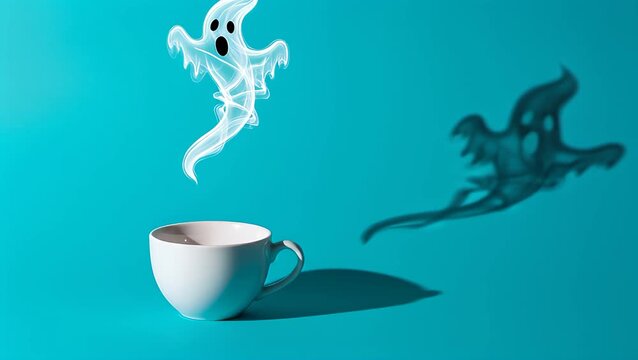 Whimsical ghost figure made of steam rising from a white cup on blue
