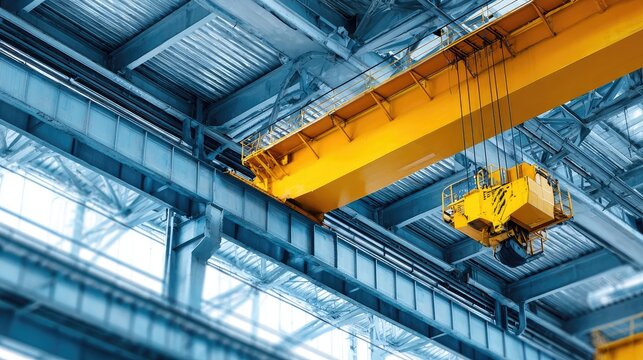 Industrial warehouse interior featuring a yellow overhead crane suspended from the ceiling beams providing efficient material handling solutions for manufacturing