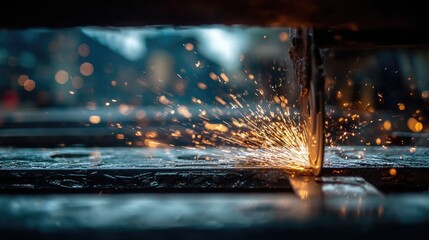 Dynamic Close-Up of Metal Cutting Process with Sparks Flying, Industrial Tools in Action Under Low Light, Creating Dramatic Visual Effect