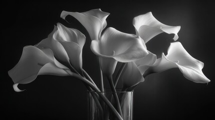 Monochrome image shows seven calla lilies in a glass vase, against a dark background