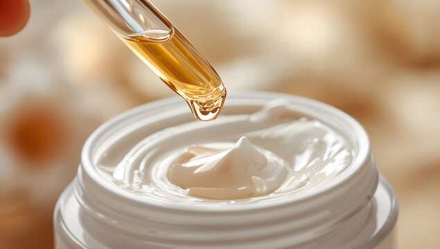 Dropper dripping golden serum into white face cream jar macro shot