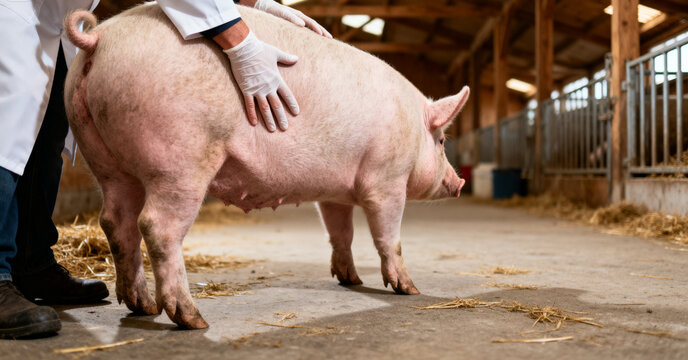 Veterinarian inspecting pig health in a barn