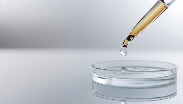 Macro shot of a dropper dripping liquid into a laboratory petri dish