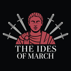 Roman bust with closed eyes surrounded by daggers and text knives swords assassination