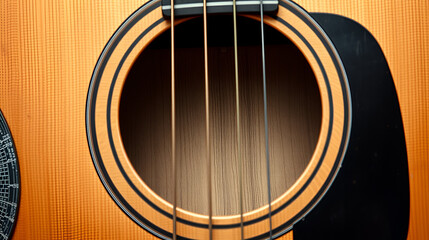 Obraz premium A close-up shot of an acoustic guitar's body and soundhole with space for text, revealing its intricate details, against a textured, aged backdrop. AI generated