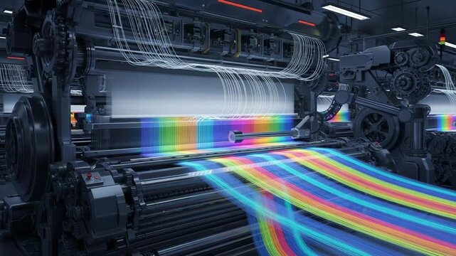 Close Up of High Tech Machine Weaving Luminous Rainbow Fabric
