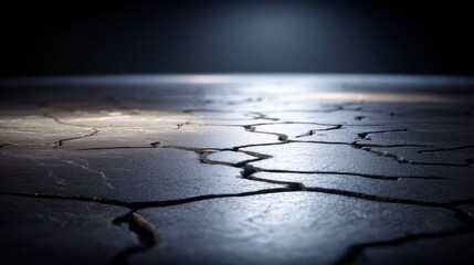 Obraz premium Cracked ground surface illuminated by a spotlight, starkly contrasted against dark sky