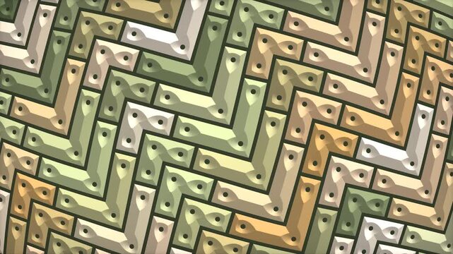 Abstract Herringbone Pattern with Metallic Tones and Rivets.