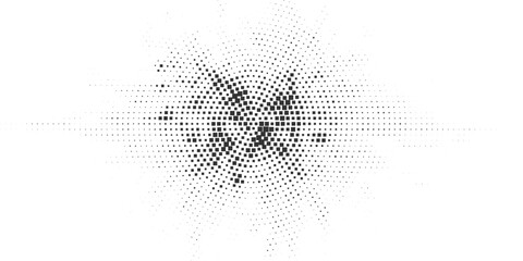 Black square radial pixel burst background, abstract geometric dotted explosion pattern, monochrome digital halftone design, modern tech style vector illustration