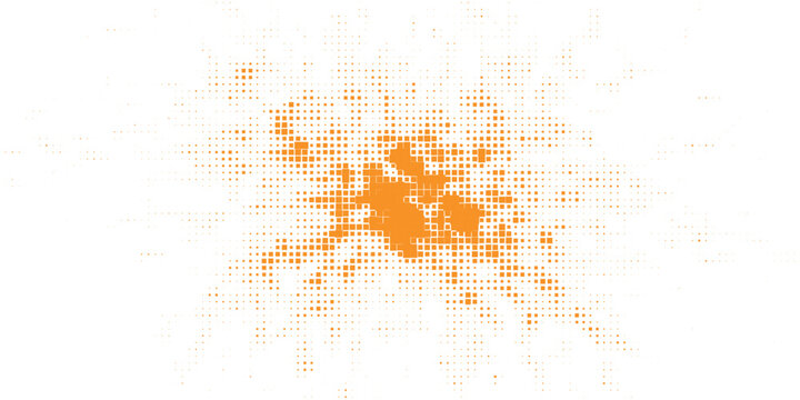 Orange square pixel explosion background, abstract geometric dotted burst pattern, vibrant digital halftone texture, modern technology vector illustration