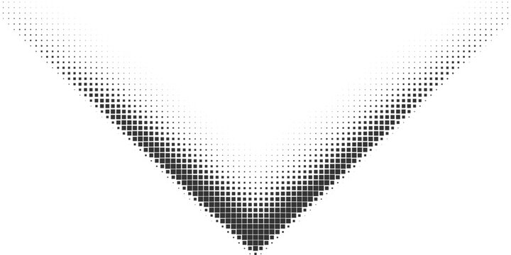 Black triangular halftone gradient background, abstract geometric dotted V shape pattern, modern digital minimal vector illustration