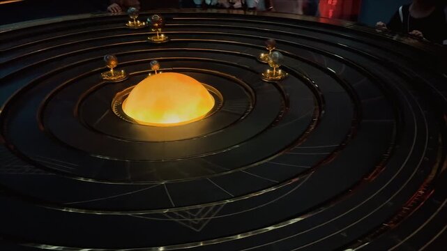 Panning view of a detailed mechanical solar system model with a glowing sun and moving planets on concentric tracks, located in a futuristic science museum exhibit.

