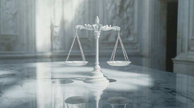 Scale of Justice sitting on a marble table in courtroom, bathed in light, used for laws