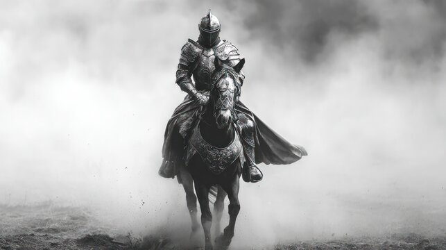 Medieval knight in full armor rides a horse through smoky battlefield; grayscale dramatic scene