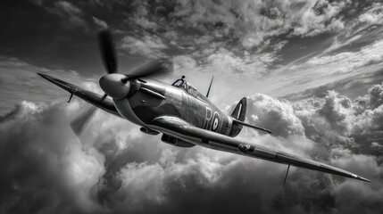 Naklejka premium Classic warplane soars through a dynamic cloudy sky, rendered in dramatic grayscale tones
