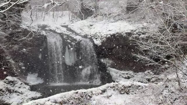 Winter Waterfall with Snow in Japan - Scenic Nature Landscape
