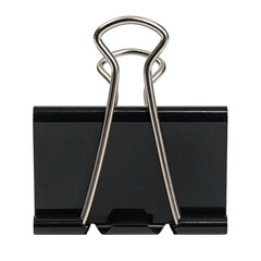 Close-up view of a black binder clip with silver handle against a dark background