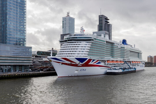 Rotterdam, Netherlands - 2021-01-19: Cruiseship Iona taking on LNG at Cruise Terminal Rotterdam