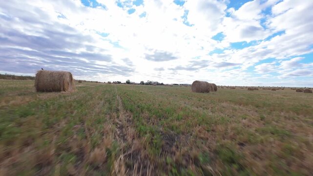 Low angle drone flyby of hay bales in a rural field at ground level. Cinematic 4K agricultural footage