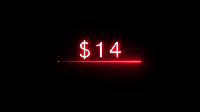 Neon dollar sign animation background. Glowing neon light $14 text number. Neon flicker number. 