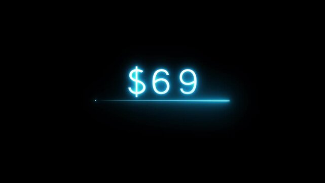 Flickering neon dollar animation. Neon line $69 text animation. Financial dollar number animation on black background.