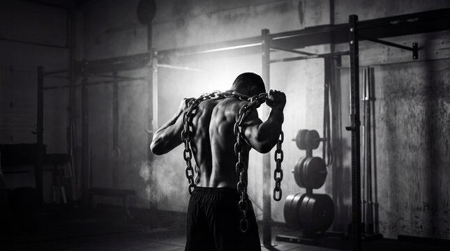 Muscular man with chains around his neck and shoulders, facing away from the camera in a gym setting.