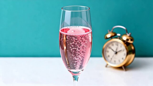 Pink drink in glass with clock