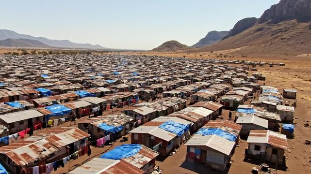 Crowded refugee camp with makeshift homes in arid mountain landscape