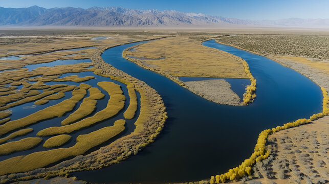 Cinematic aerial shot of Owens River wetland in Eastern Sierra, California