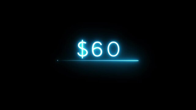 Flickering neon dollar animation. Neon line $60 text animation. Financial dollar number animation on black background.