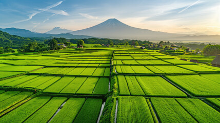 green rice field with traditional Japanese local village of Japan at Mount Fuji, one of the most visit destination of the world for traveler.