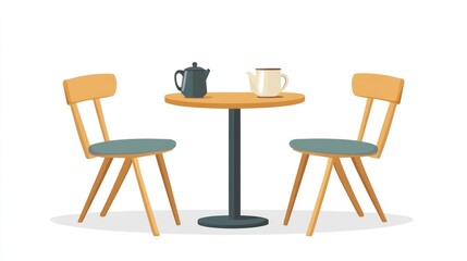 Two chairs and a table with tea, cafe setting, interior