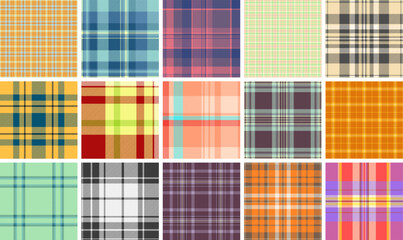 Seasonal plaid pattern set for Christmas stationery. Tartan designs suit greeting cards, invitations, and envelopes. Seamless vectors print cleanly.