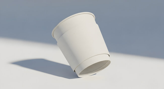 White disposable paper coffee cup, tilted, casting a shadow on a bright white background.