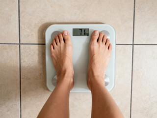 woman's feet standing on a scale, 71 kilograms, womans feet on scale, weighing, bathroom