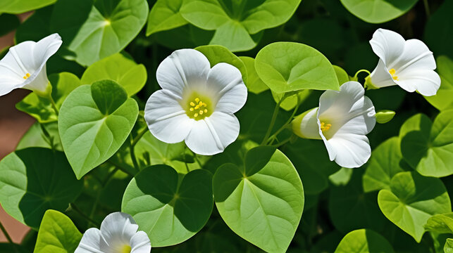 European bindweed (Field bindweed or Convolvulus arvensis) Creeping Jenny: a vine herbaceous perennial with white flowers and lush green foliage