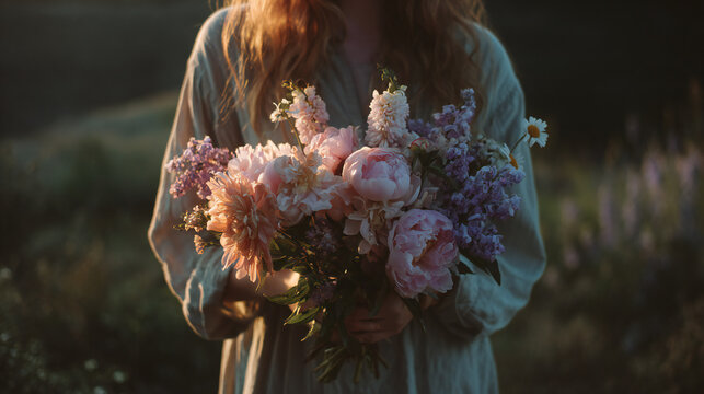 Kendall Coyne Schofield in golden‑hour on reclaimed‑wood deck holding pastel bouquet, cinematic anamorphic style with oval bokeh