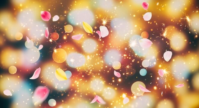 Abstract background with sparkling lights, bokeh, and falling petals of flower. Celebration concept for Ganesh Chaturthi festive design.